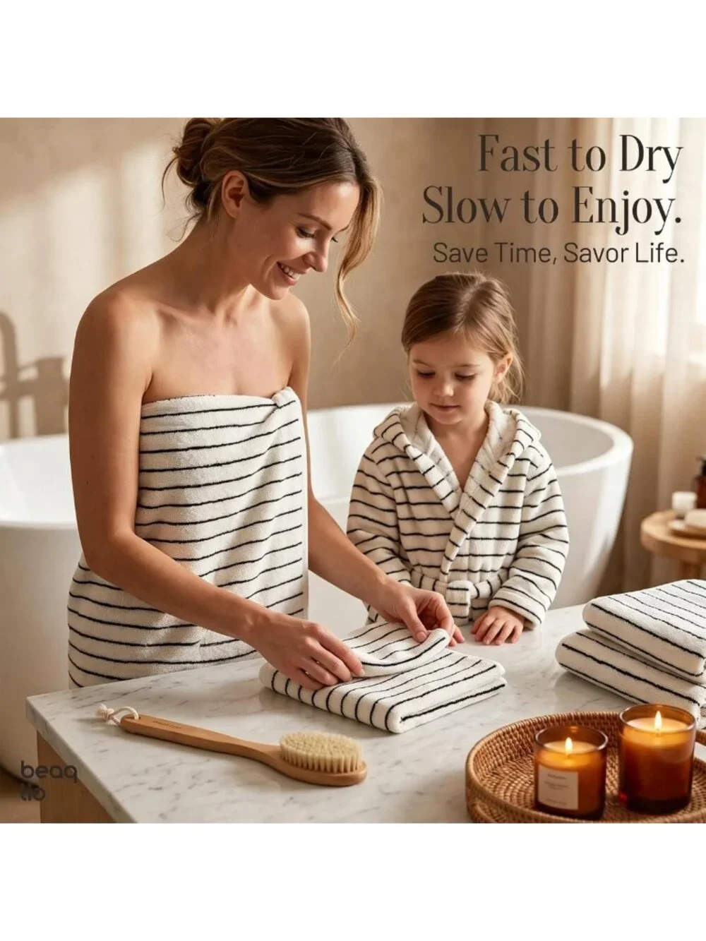 Soft 100% Cotton Striped Bath Towels Set - 8 Pack, Quick-Dry, White Color